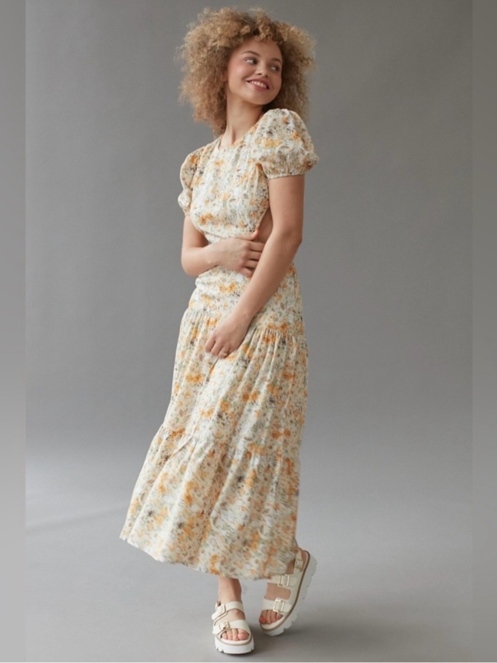Kiss The Sky Yellow and White Floral Puff Sleeve Tie Back Maxi Dress XS